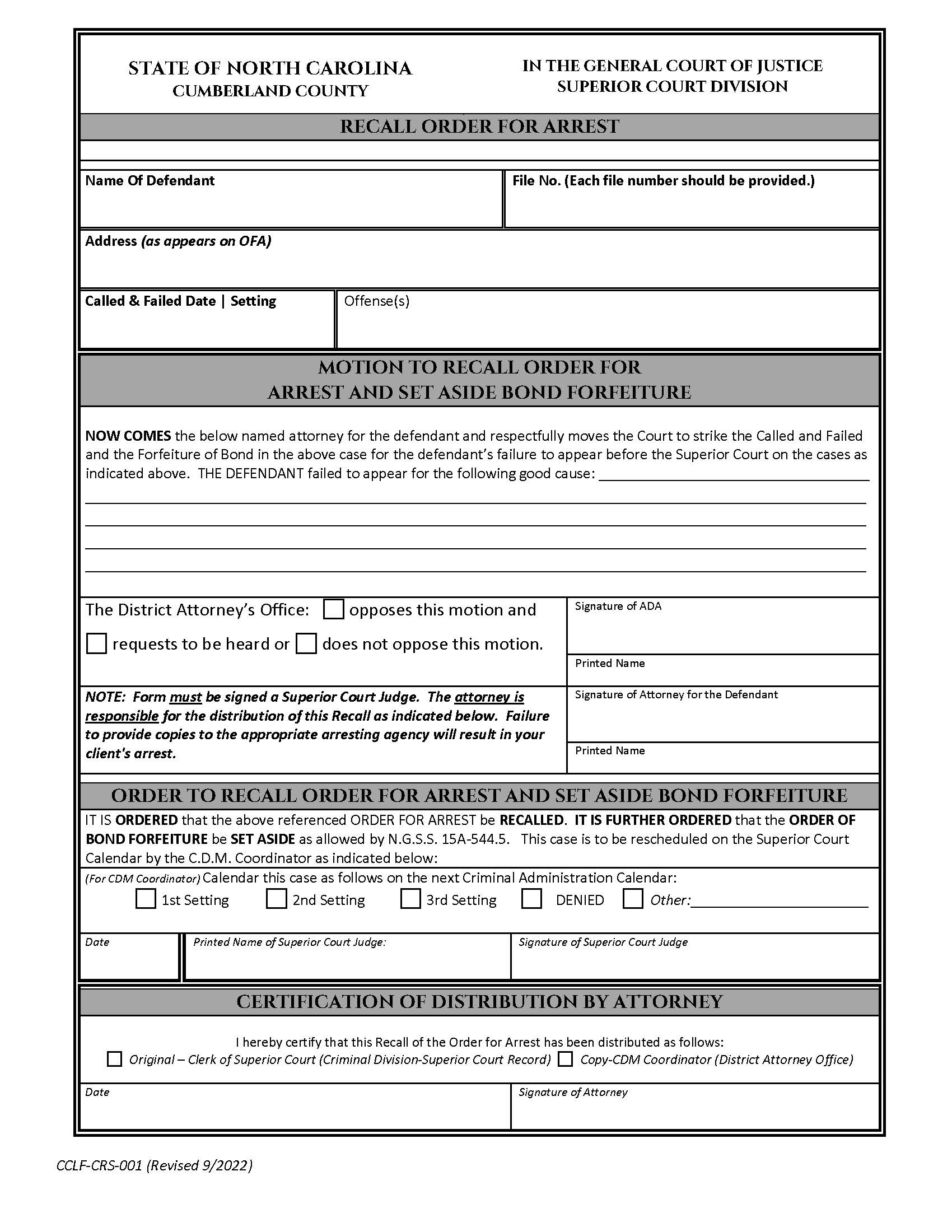 Recall Order For Arrest {CCLF-CRS-001} | Pdf Fpdf Doc Docx | North Carolina