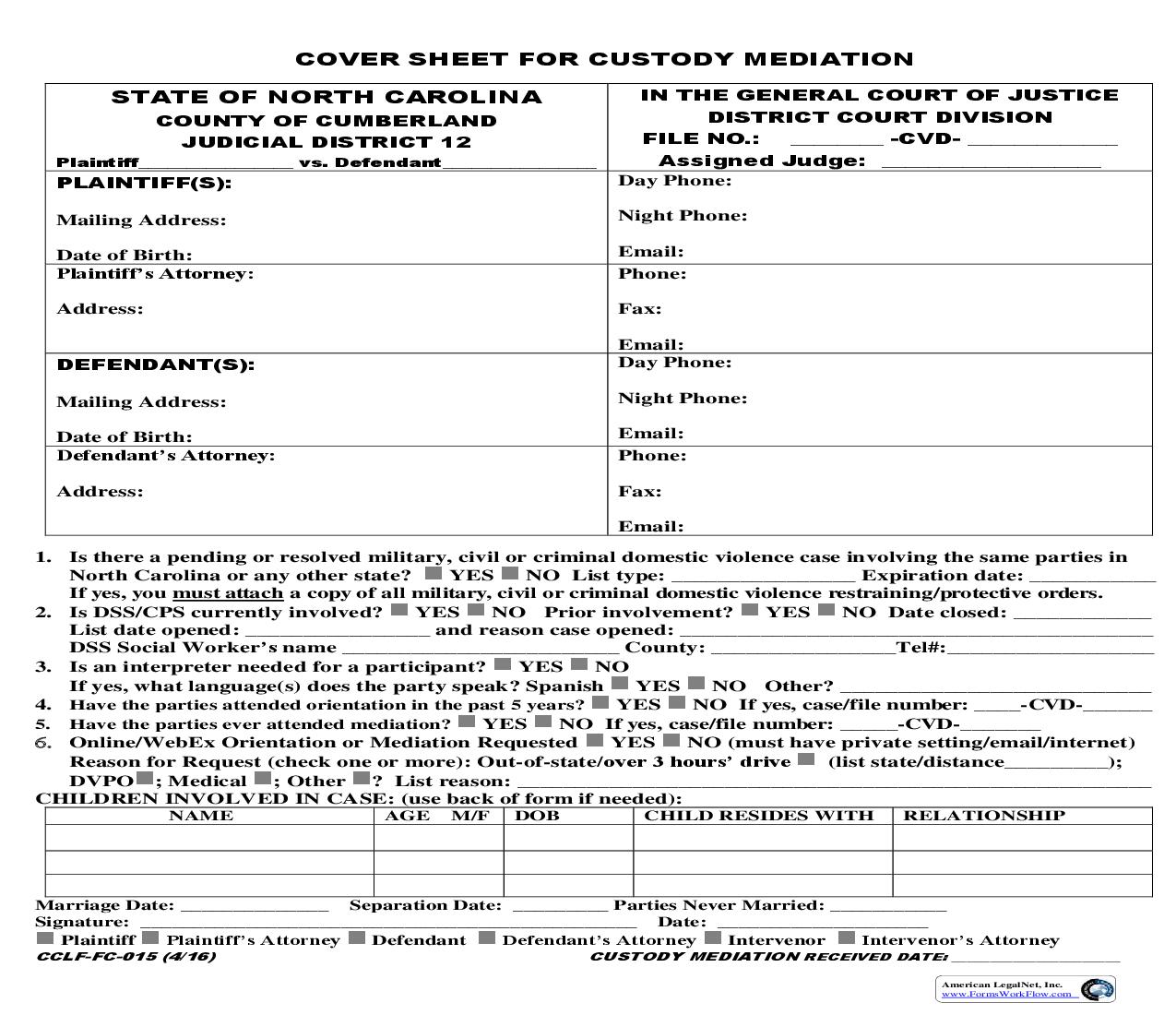 Cover Sheet For Custody Mediation {CCLF-FC-015} | Pdf Fpdf Doc Docx | North Carolina