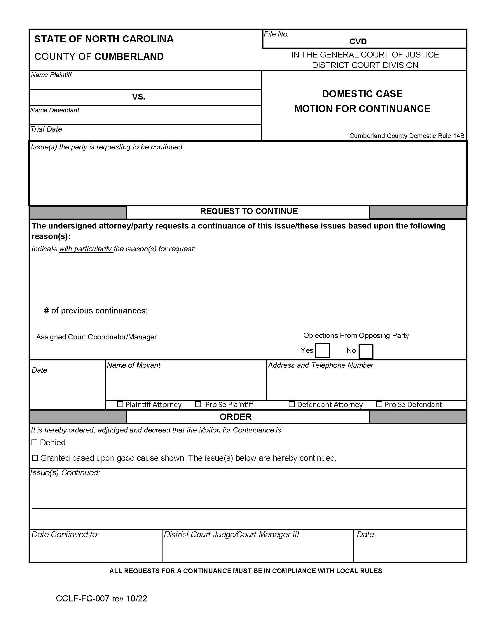 Domestic Case Motion For Continuance {CCLF-FC-007} | Pdf Fpdf Doc Docx | North Carolina