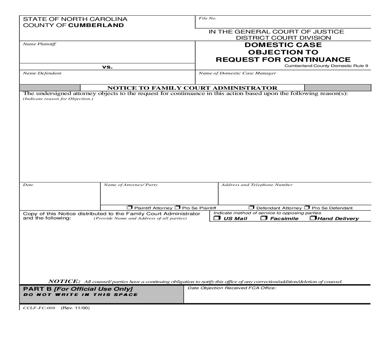 Domestic Case Objection To Request For Continuance {CCLF-FC-008} | Pdf Fpdf Doc Docx | North Carolina