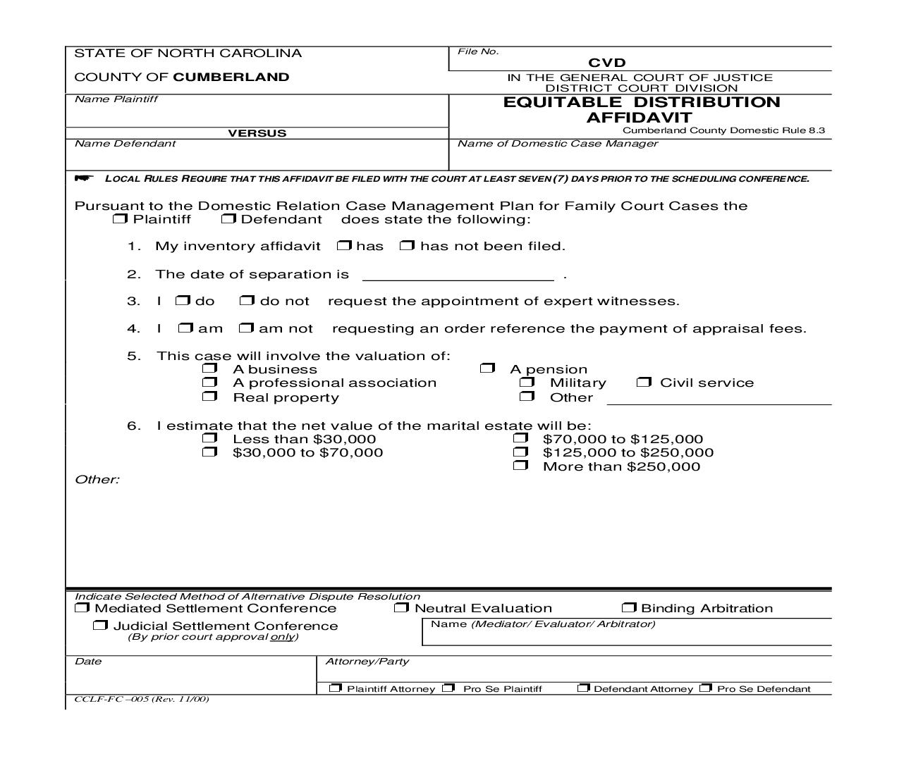 Equitable Distribution Affidavit {CCLF-FC-005} | Pdf Fpdf Doc Docx | North Carolina