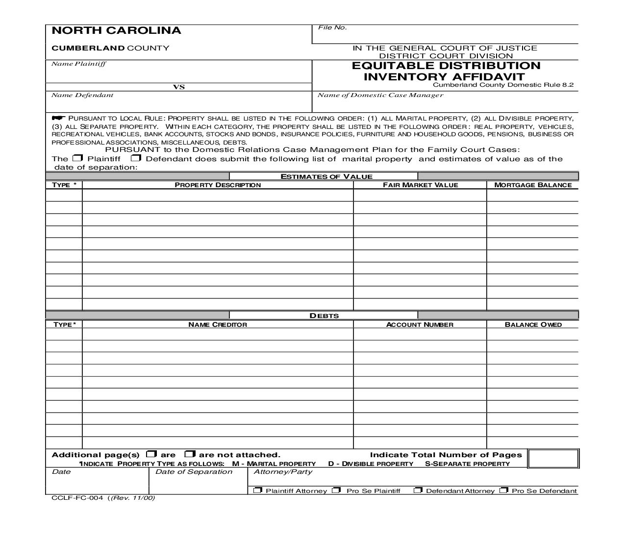 Equitable Distribution Inventory Affidavit {CCLF-FC-004} | Pdf Fpdf Doc Docx | North Carolina