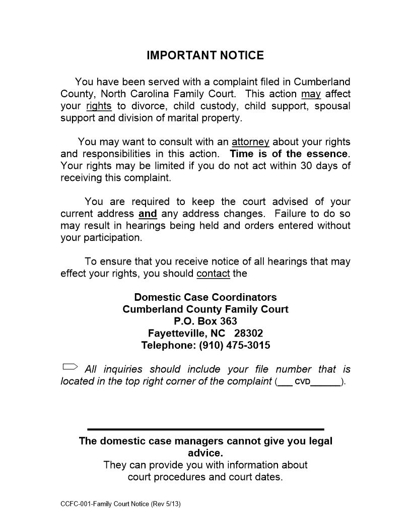 Family Court Notice {CCFC-FC-001} | Pdf Fpdf Doc Docx | North Carolina