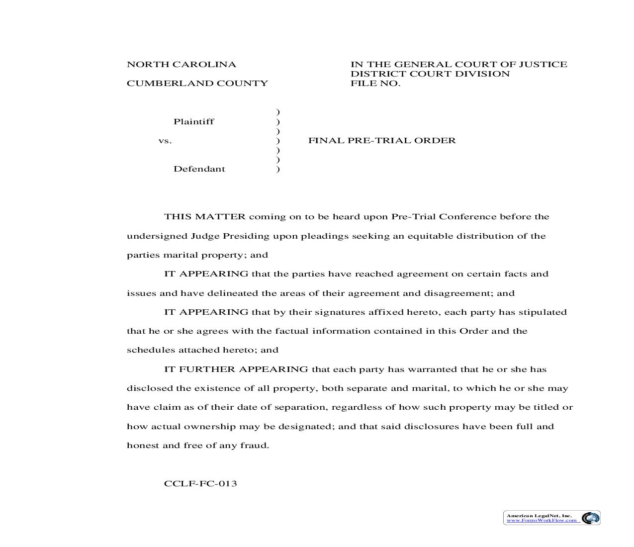 Final Pre Trial Order {CCLF-FC-013} | Pdf Fpdf Doc Docx | North Carolina