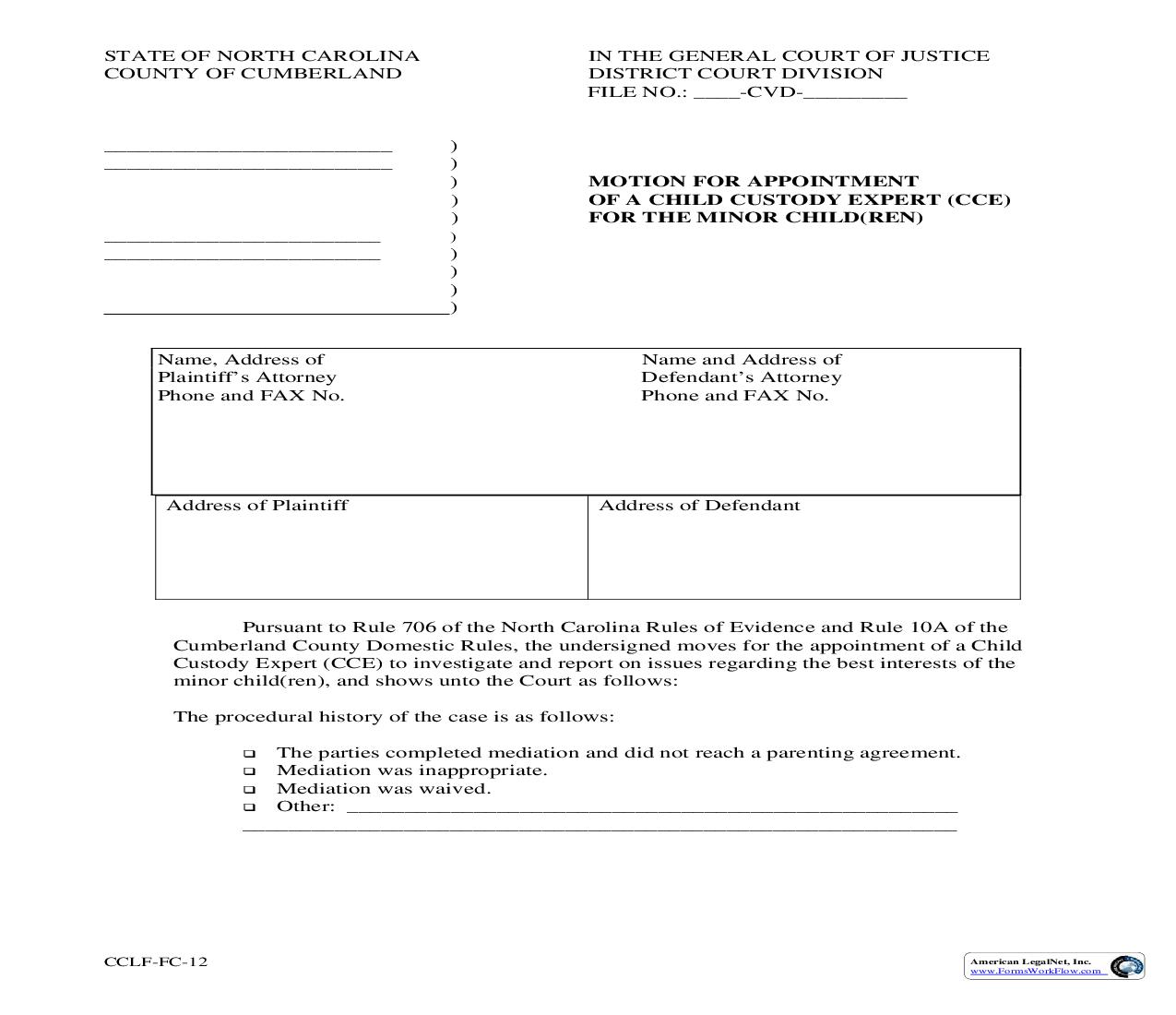 Motion For Appointment Of A Child Custody Expert For The Minor Children {CCLF-FC-012} | Pdf Fpdf Doc Docx | North Carolina