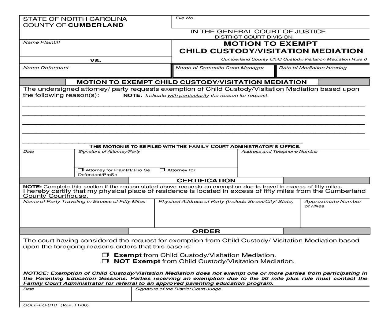 Motion To Exempt Child Custody Visitation Mediation {CCLF-FC-010} | Pdf Fpdf Doc Docx | North Carolina