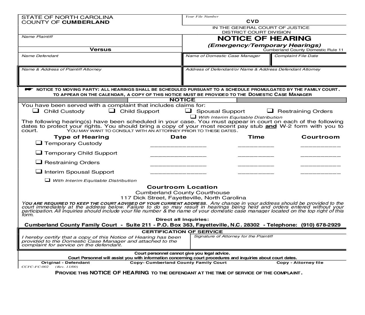 Notice Of Hearing Emergency Temporary Hearings {CCFC-FC-002} | Pdf Fpdf Doc Docx | North Carolina