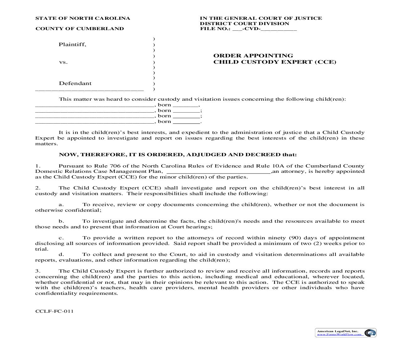 Order Appointing Child Custody Expert {CCLF-FC 011} | Pdf Fpdf Doc Docx | North Carolina