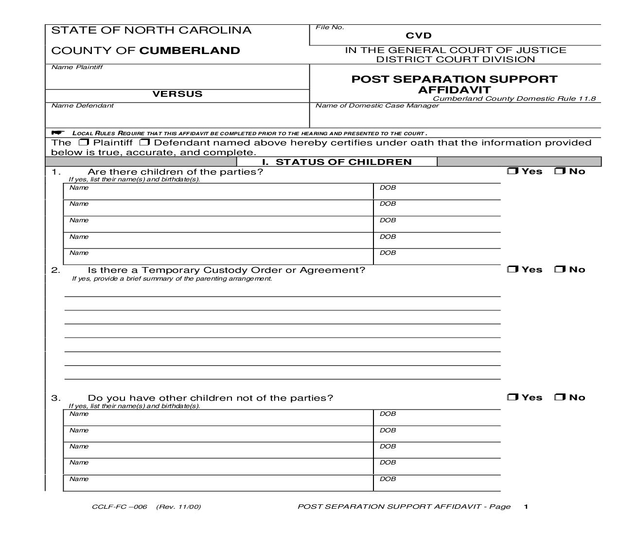 Post Separation Support Affidavit {CCLF-FC-006} | Pdf Fpdf Doc Docx | North Carolina
