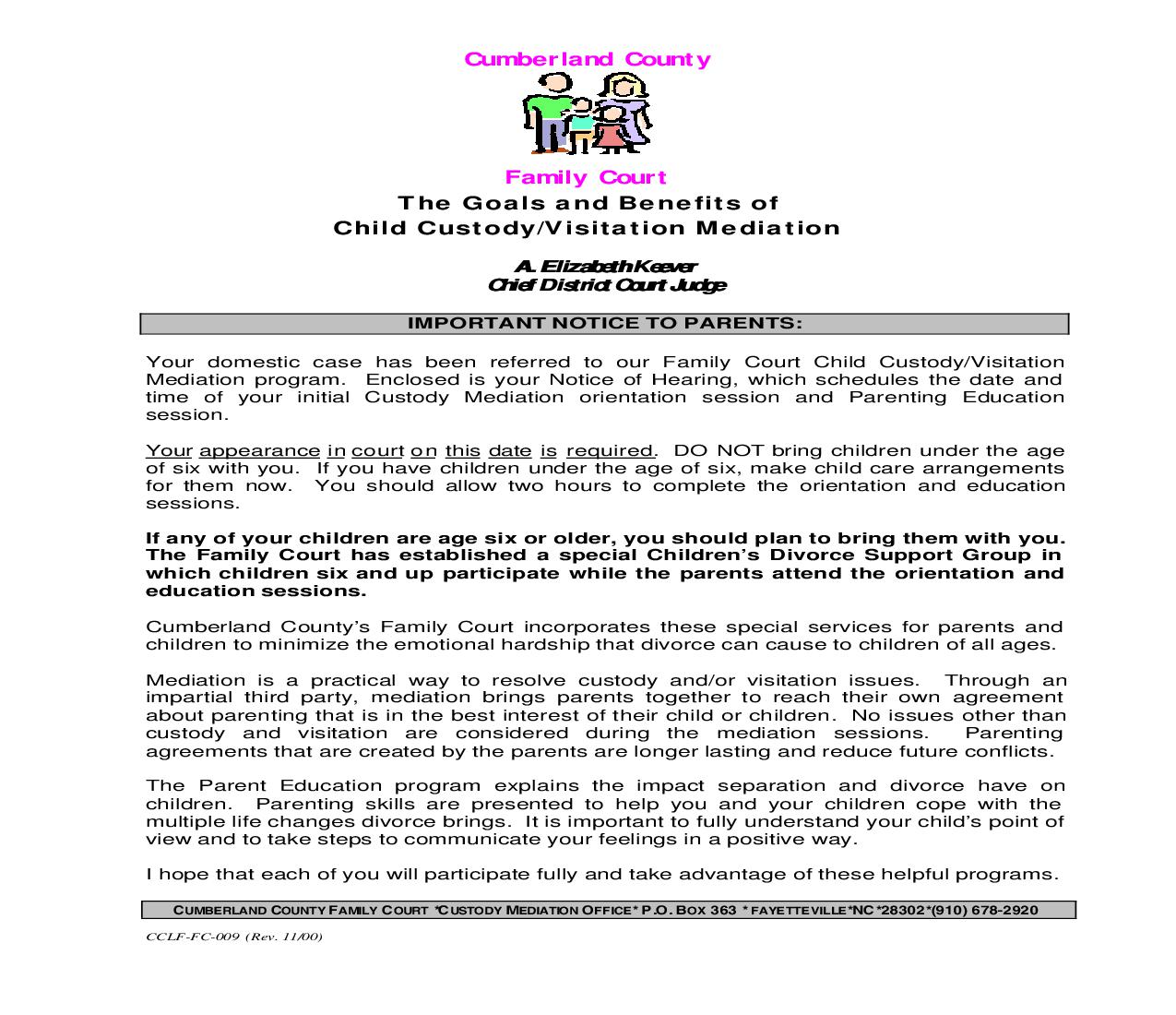 The Goals And Benefits Of Child Custody Visitation Mediation {CCLF-FC-009} | Pdf Fpdf Doc Docx | North Carolina