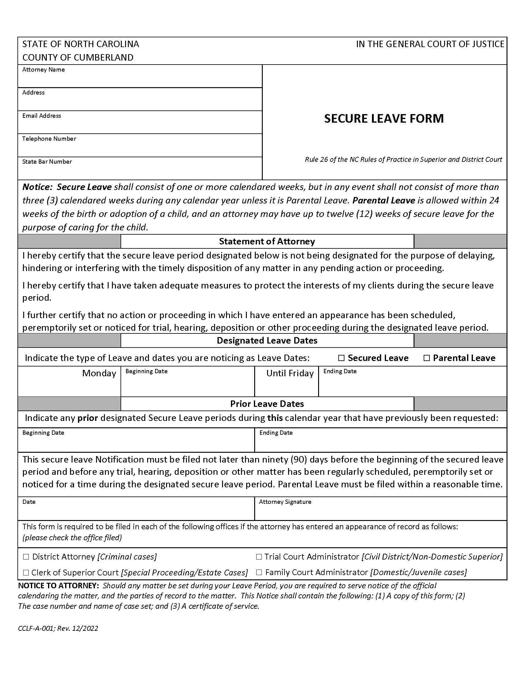 Secure Leave Form {CCLS-A-001} | Pdf Fpdf Docx | North Carolina