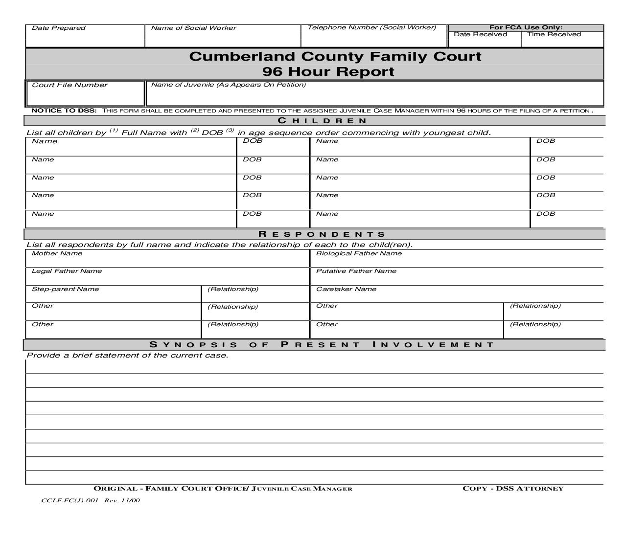 Cumberland County Family Court 96 Hour Report {CCLF-J-001} | Pdf Fpdf Doc Docx | North Carolina