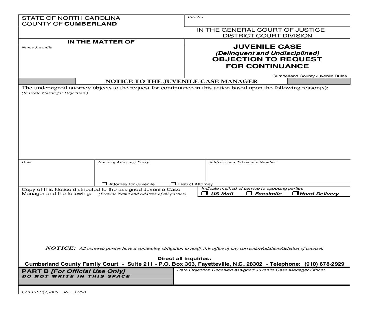 Juvenile Case Objection To Request For Continuance {CCLF-J-006} |  | North Carolina