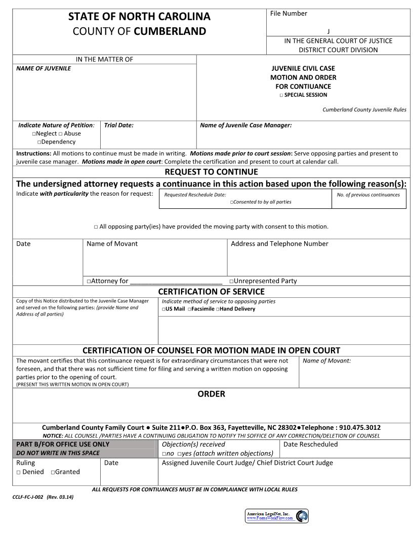 Juvenile Civil Case Motion And Order For Continuance {CCLF-J-002} | Pdf Fpdf Docx | North Carolina