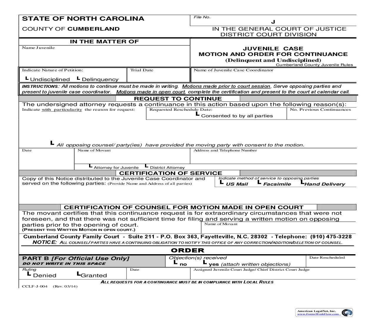 Juvenile Civil Case Motion And Order For Continuance {CCLF-J-004} | Pdf Fpdf Doc Docx | North Carolina