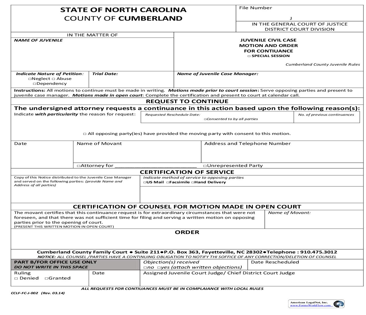 Juvenile Civil Case Motion And Order For Continuance Special Session {CCLF-FC-J-002} |  | North Carolina