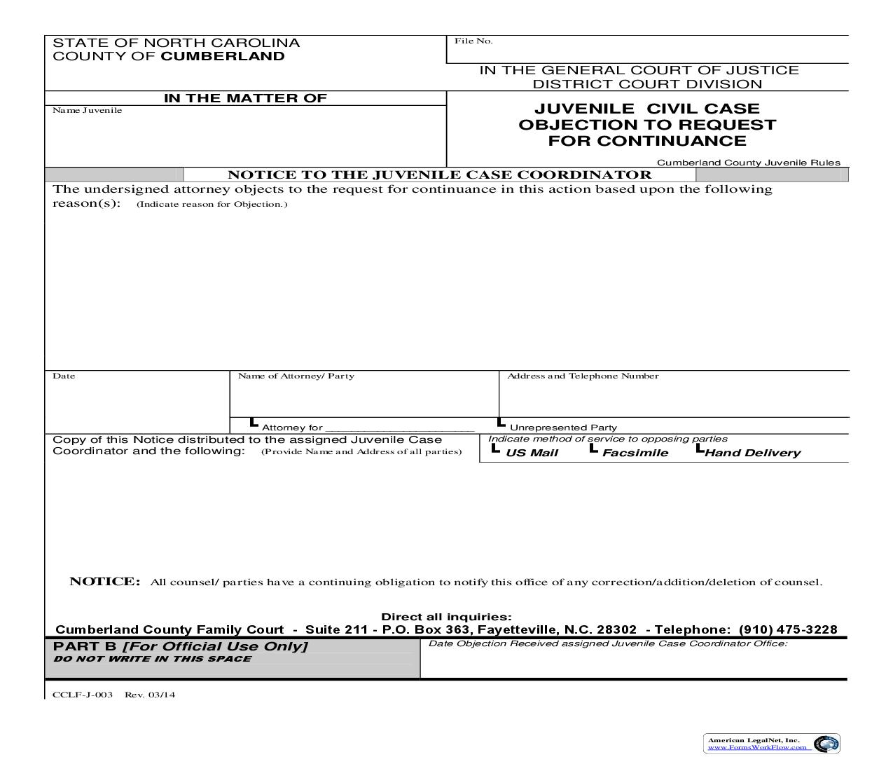 Juvenile Civil Case Motion For Continuance {CCLF-J-003} | Pdf Fpdf Doc Docx | North Carolina