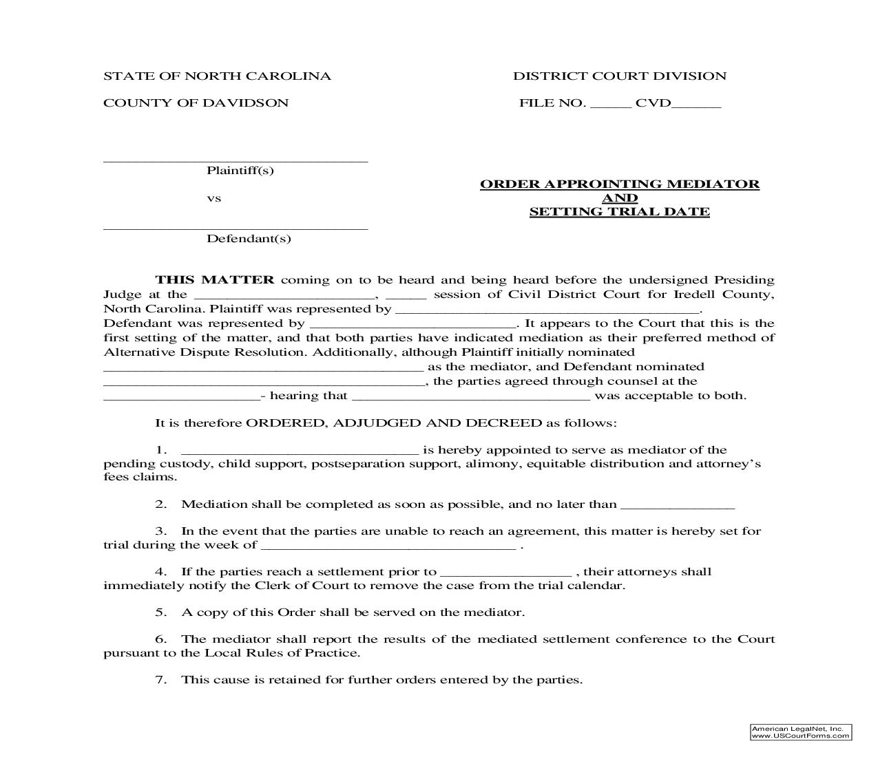 Order Appointing Mediator And Setting Trial Date (Davidson) | Pdf Fpdf Doc Docx | North Carolina