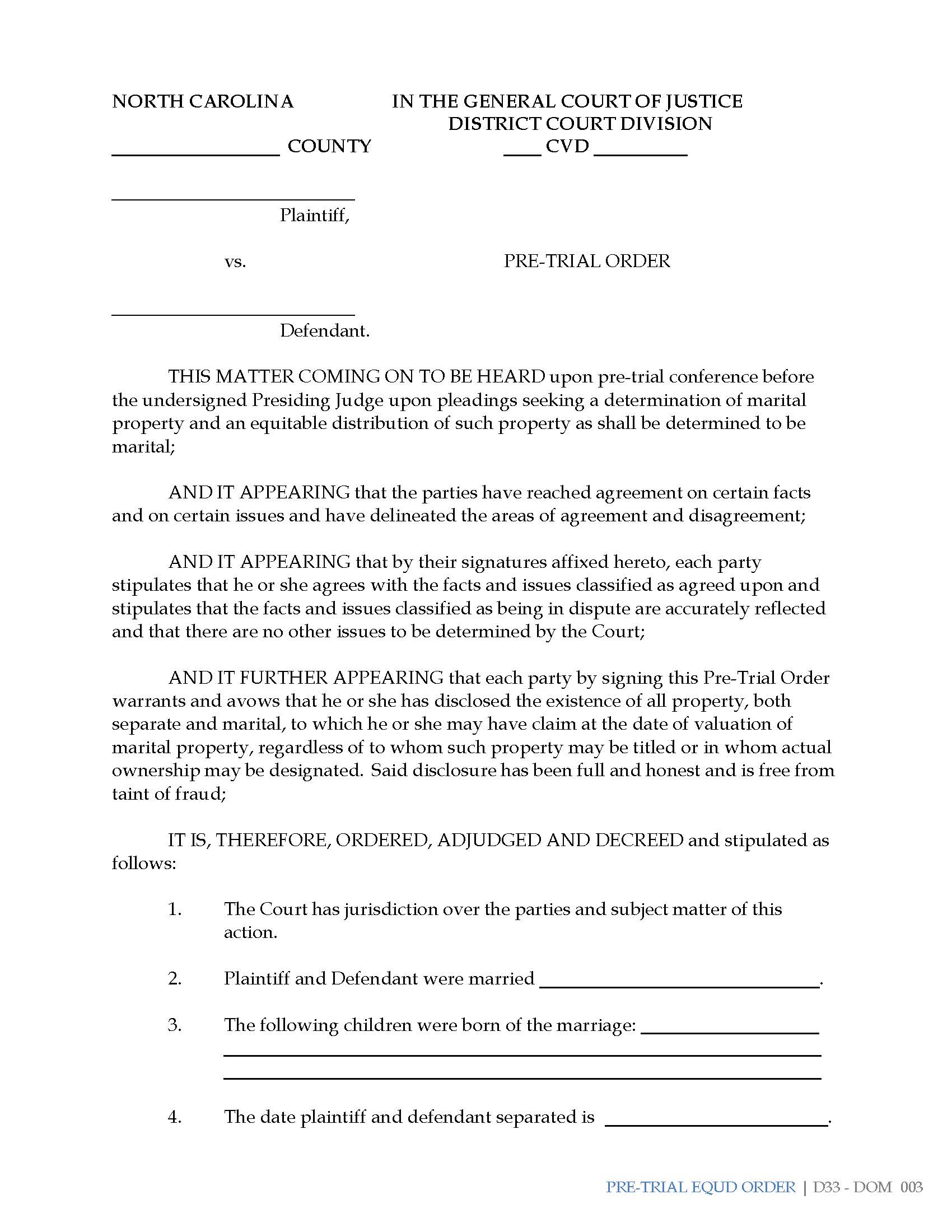 Pre-Trial Equitable Distribution Order | Pdf Fpdf Doc Docx | North Carolina