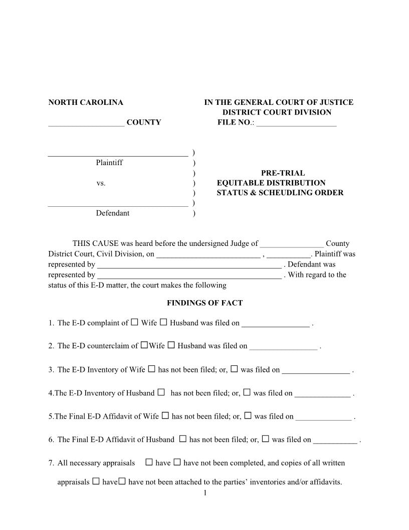 Pretrial Equitable Distribution Status And Scheduling Order | Pdf Fpdf Doc Docx | North Carolina