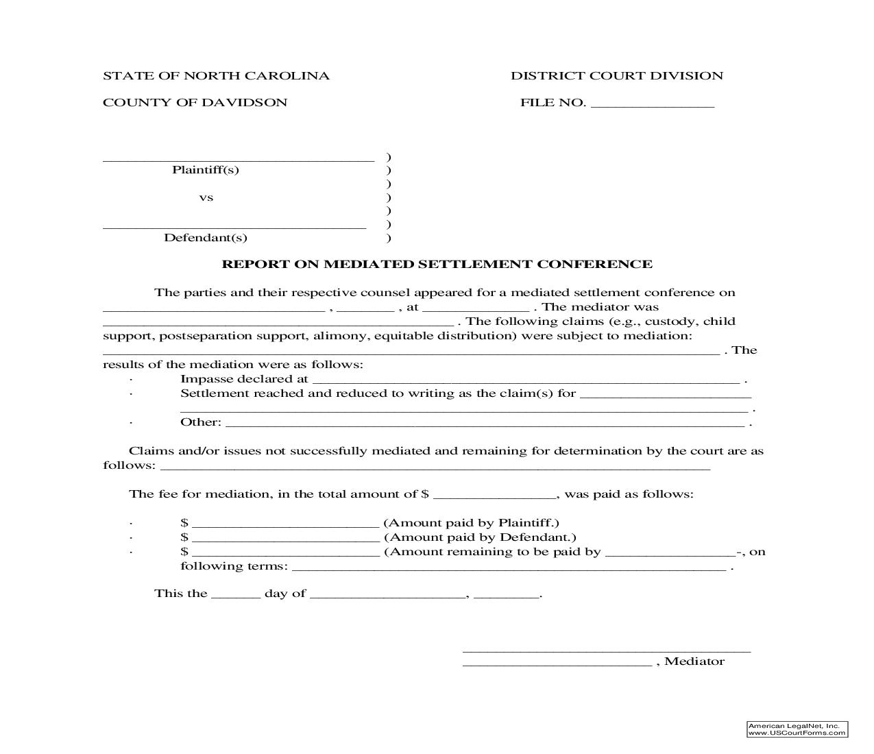 Report On Mediated Settlement Conference | Pdf Fpdf Doc Docx | North Carolina
