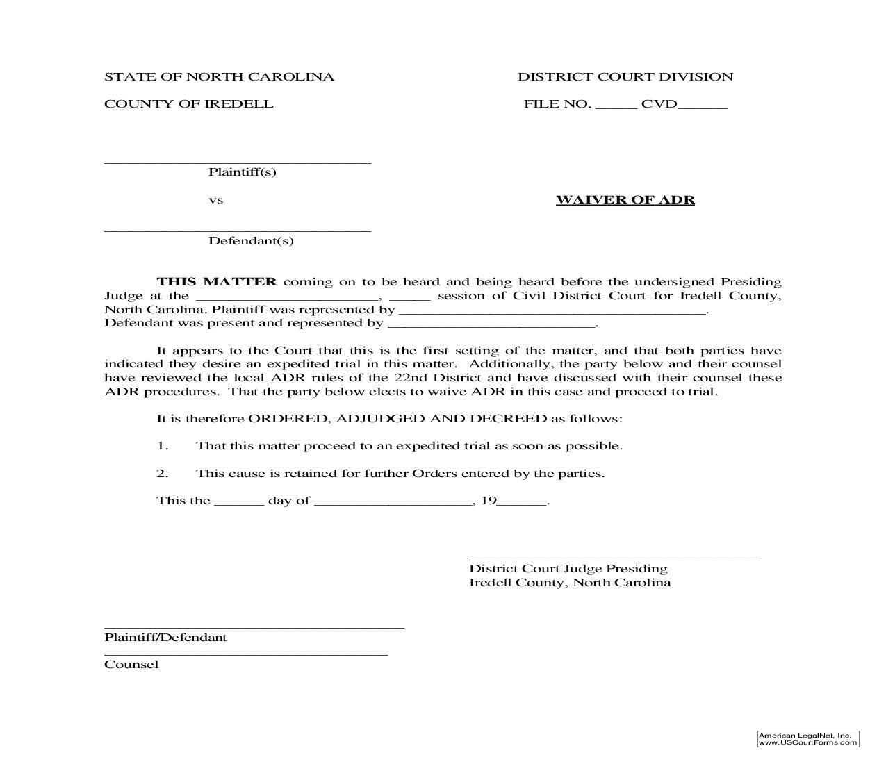 Waiver Of ADR (Iredell) | Pdf Fpdf Doc Docx | North Carolina