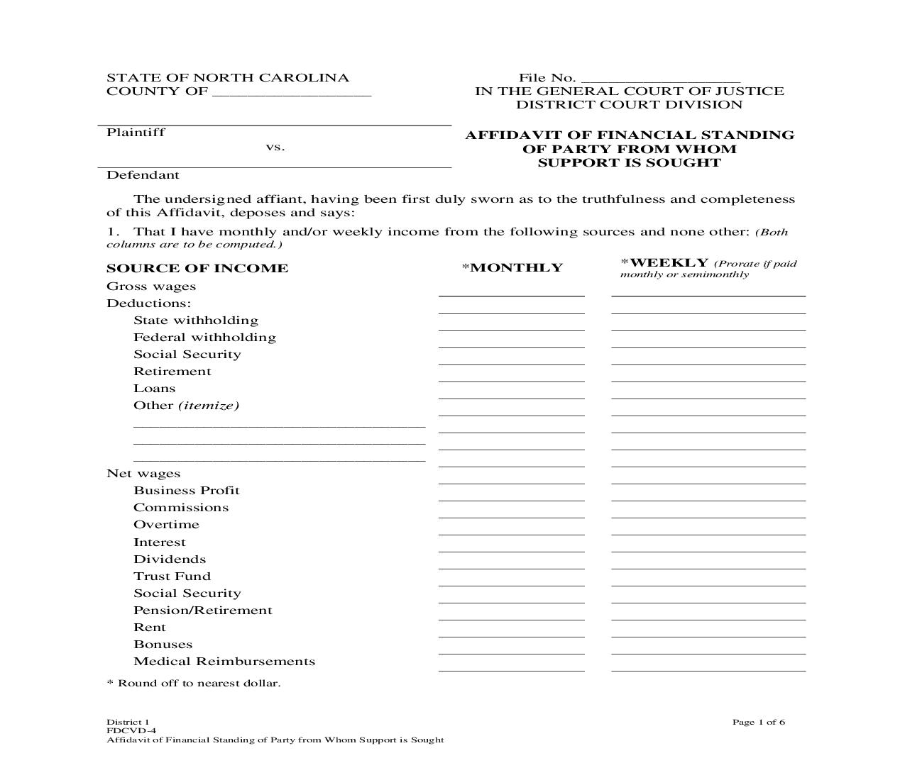 Affdaivt Of Financial Standing From Whom Support Is Sought {DCVD-4} | Pdf Fpdf Doc Docx | North Carolina