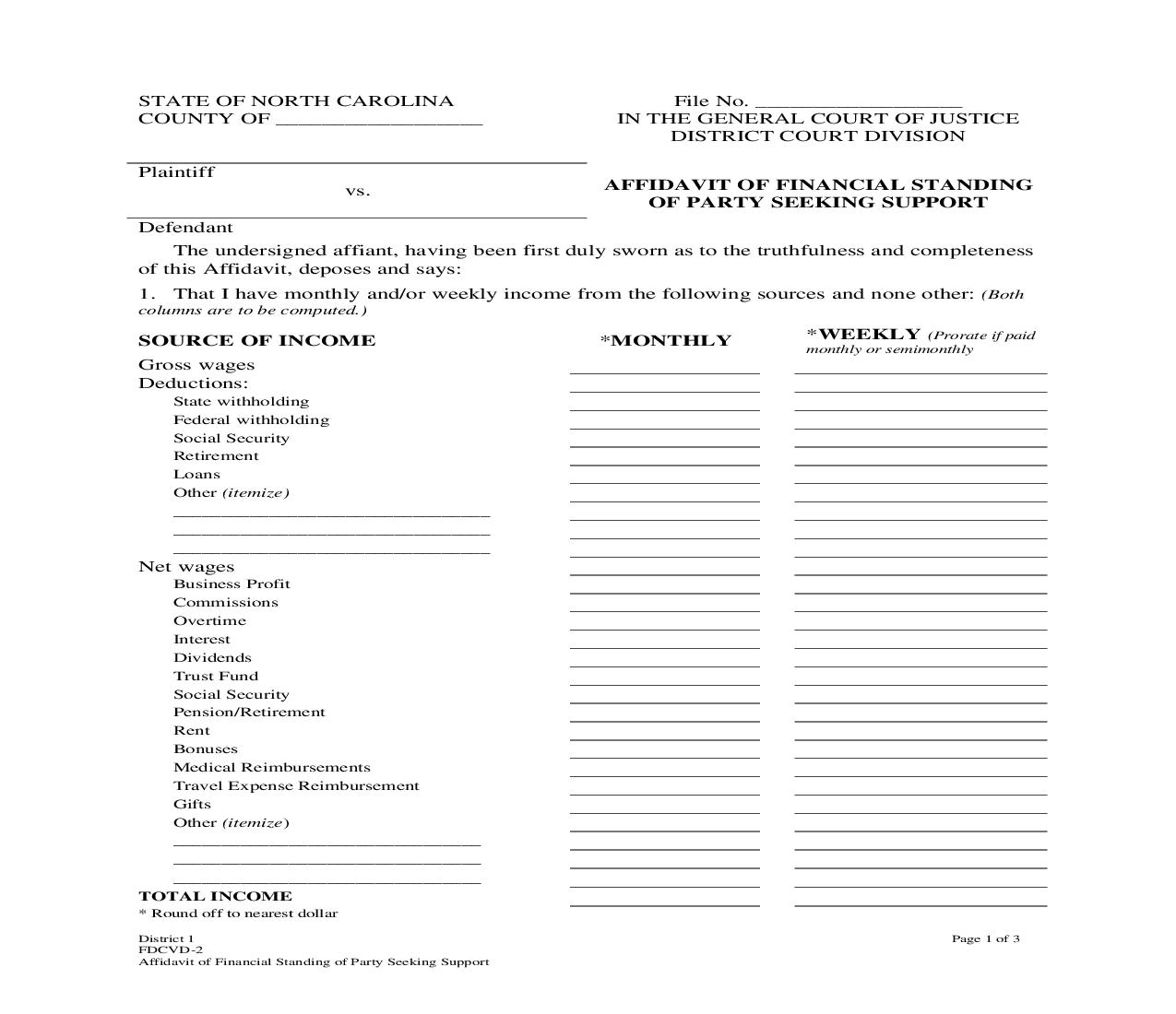 Affidavit Of Financial Standing Of Party Seeking Support {DCVD-2} | Pdf Fpdf Doc Docx | North Carolina
