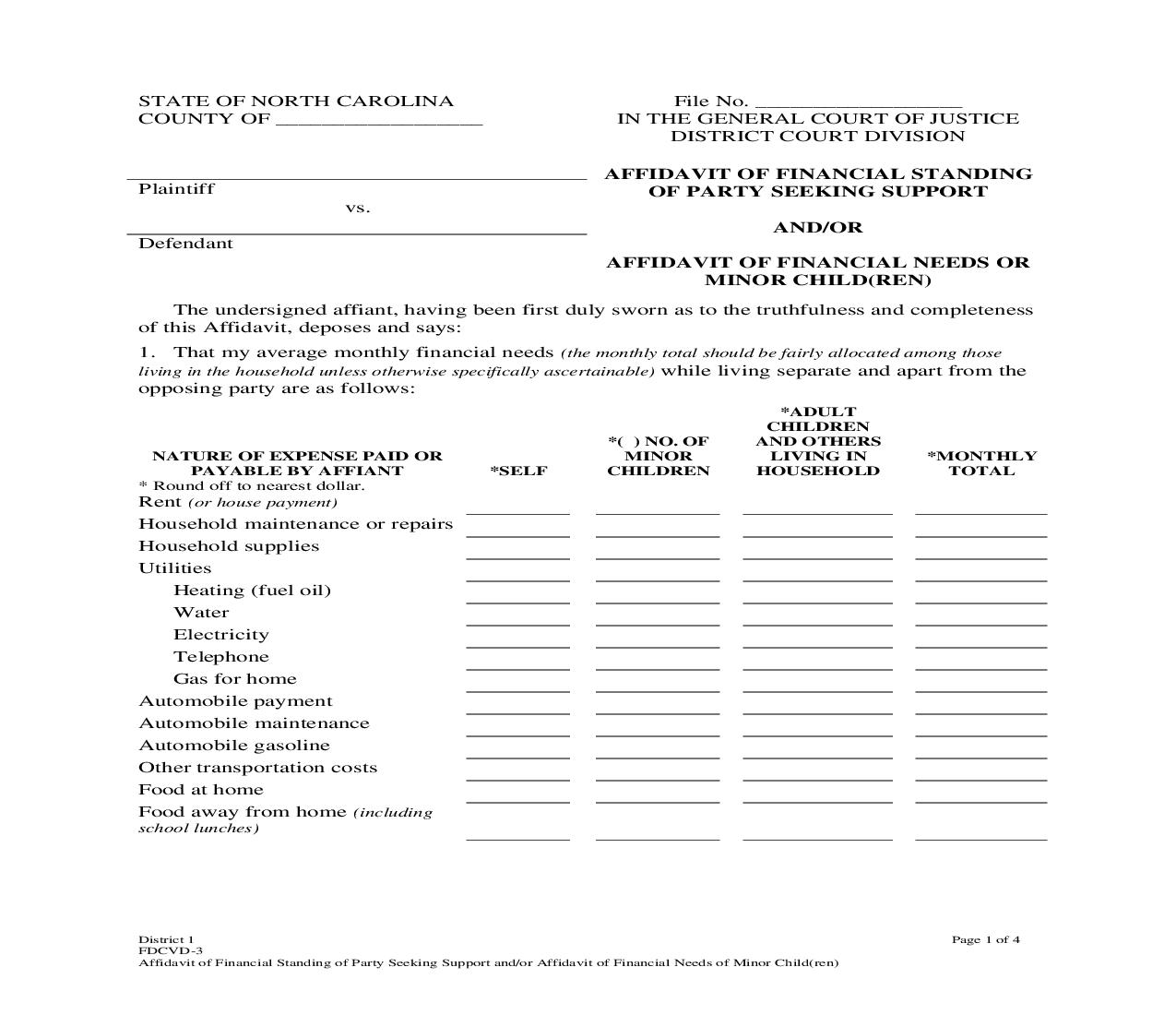 Affidavit Of Financial Standing Of Party Seeking Support And Or Affidavit Of Financial Needs Of Minor Children {DCVD-3} | Pdf Fpdf Doc Docx | North Carolina