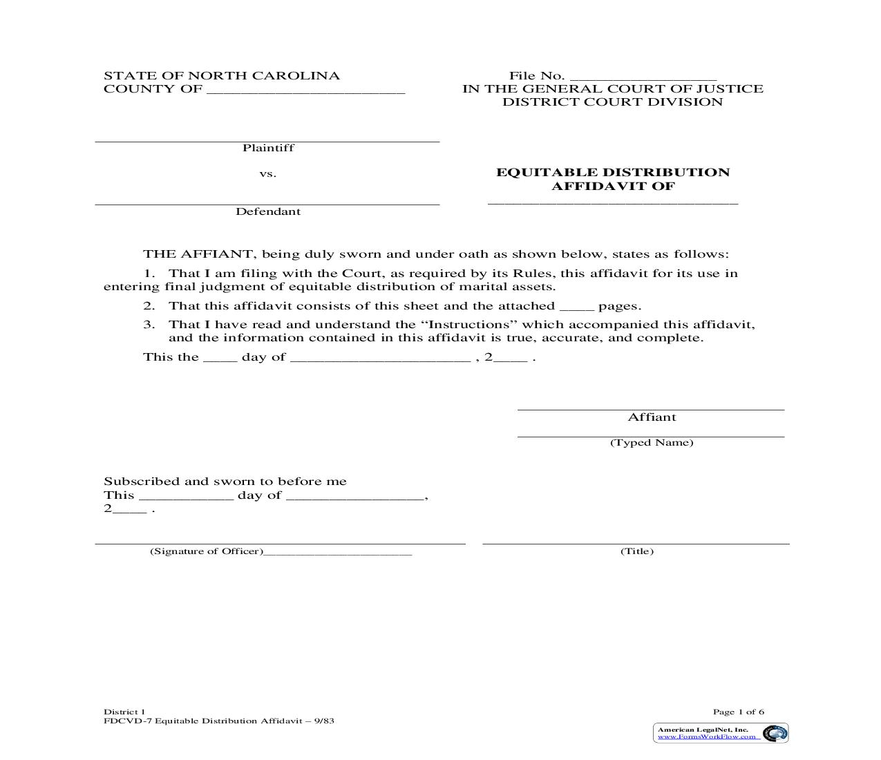 Equitable Distribution Affidavit {DCVD-7} | Pdf Fpdf Doc Docx | North Carolina