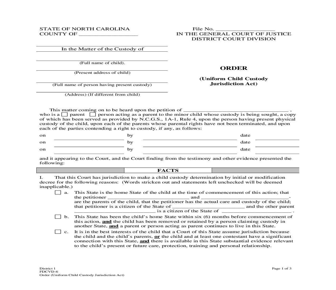 Order Uniform Child Custody Jurisdiction Act {DCVD-6} | Pdf Fpdf Doc Docx | North Carolina
