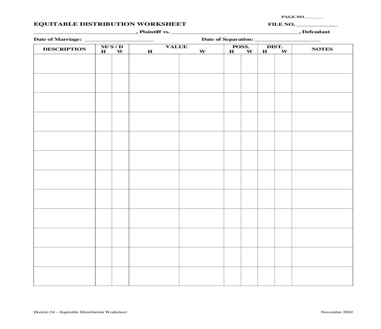 Equitable Distribution Worksheet |  | North Carolina