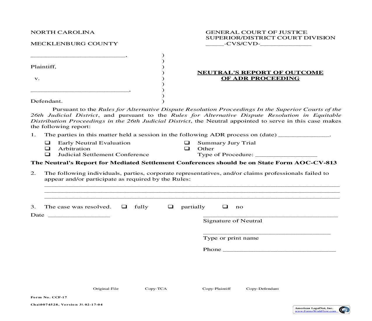 Neutrals Report Of Outcome Of ADR Proceeding {CCF-17} |  | North Carolina