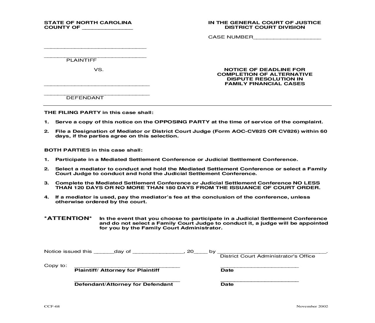 Notice Of Deadline For Completion Of Alternative Dispute Resolution In Family Financial Cases {CCF-68} | Pdf Fpdf Doc Docx | North Carolina
