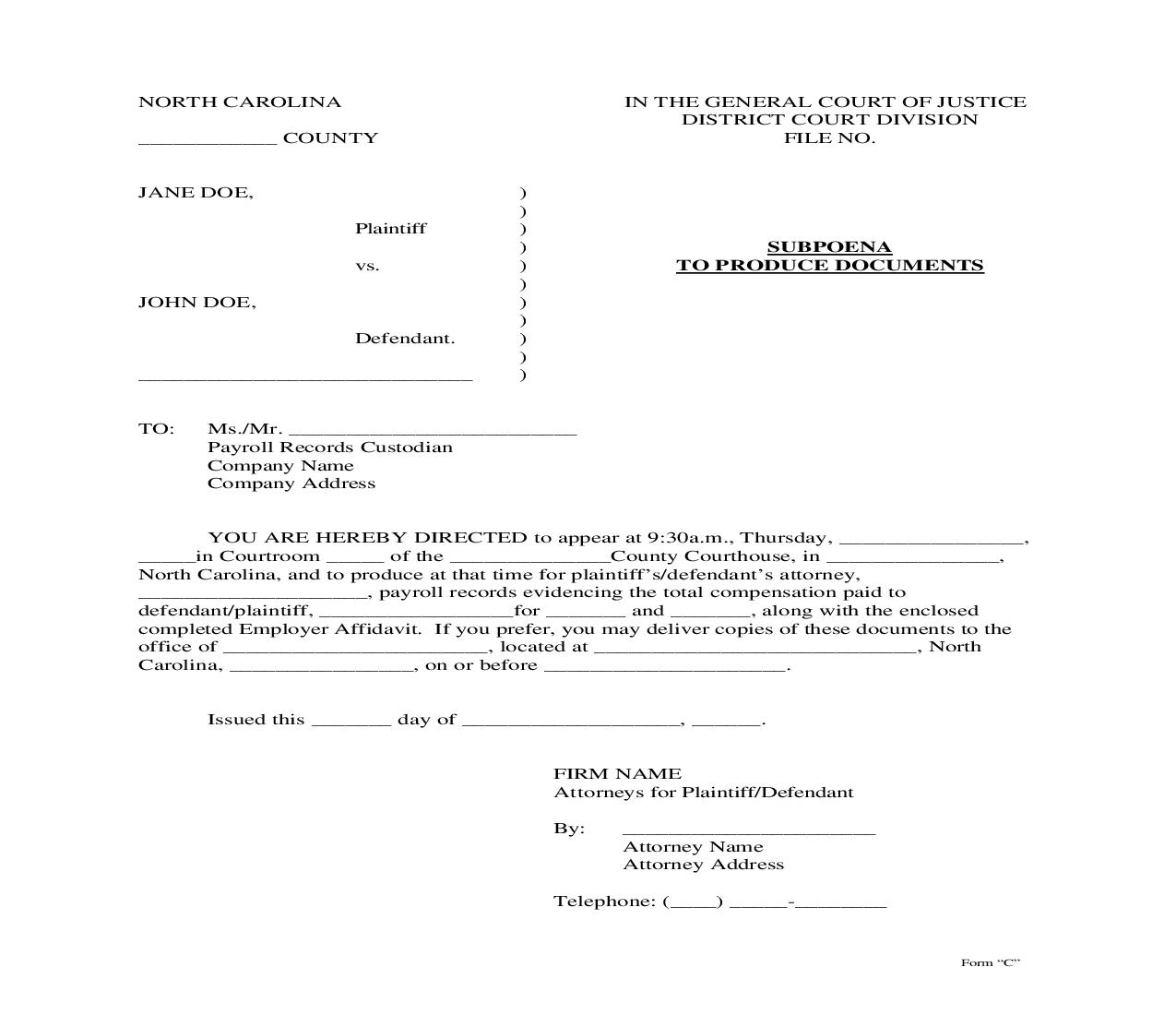 Subpoena To Produce Documents Payroll Records {C} | Pdf Fpdf Doc Docx | North Carolina