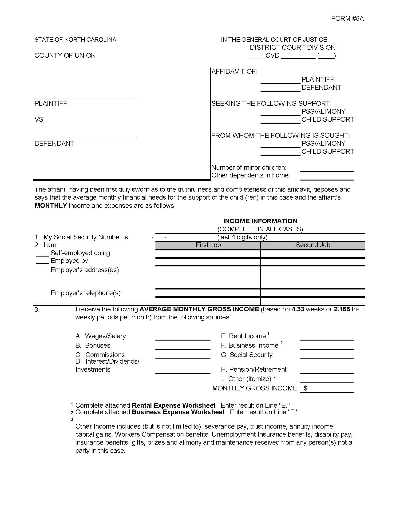Affidavit Seeking Support {8A} | Pdf Fpdf Doc Docx | North Carolina