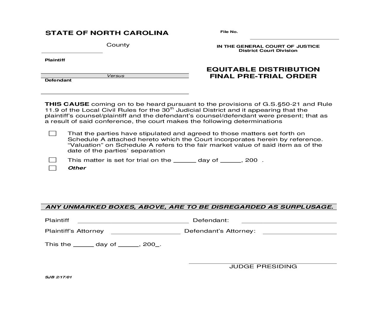 Equitable Distribution Final Pretrial Order {9} | Pdf Fpdf Doc Docx | North Carolina