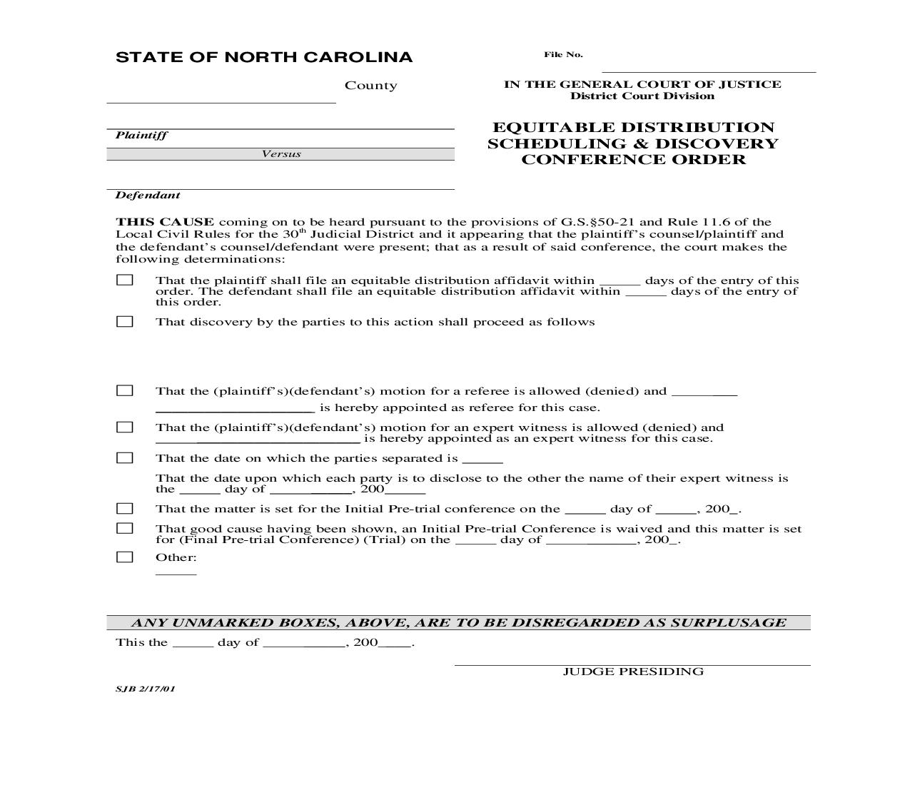 Equitable Distribution Scheduling And Discovery Conference Order {7} | Pdf Fpdf Doc Docx | North Carolina