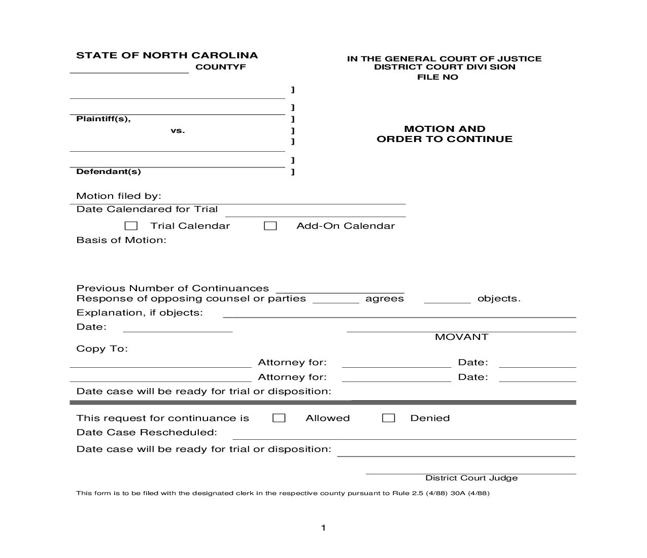 Motion And Order To Continue {1} | Pdf Fpdf Doc Docx | North Carolina