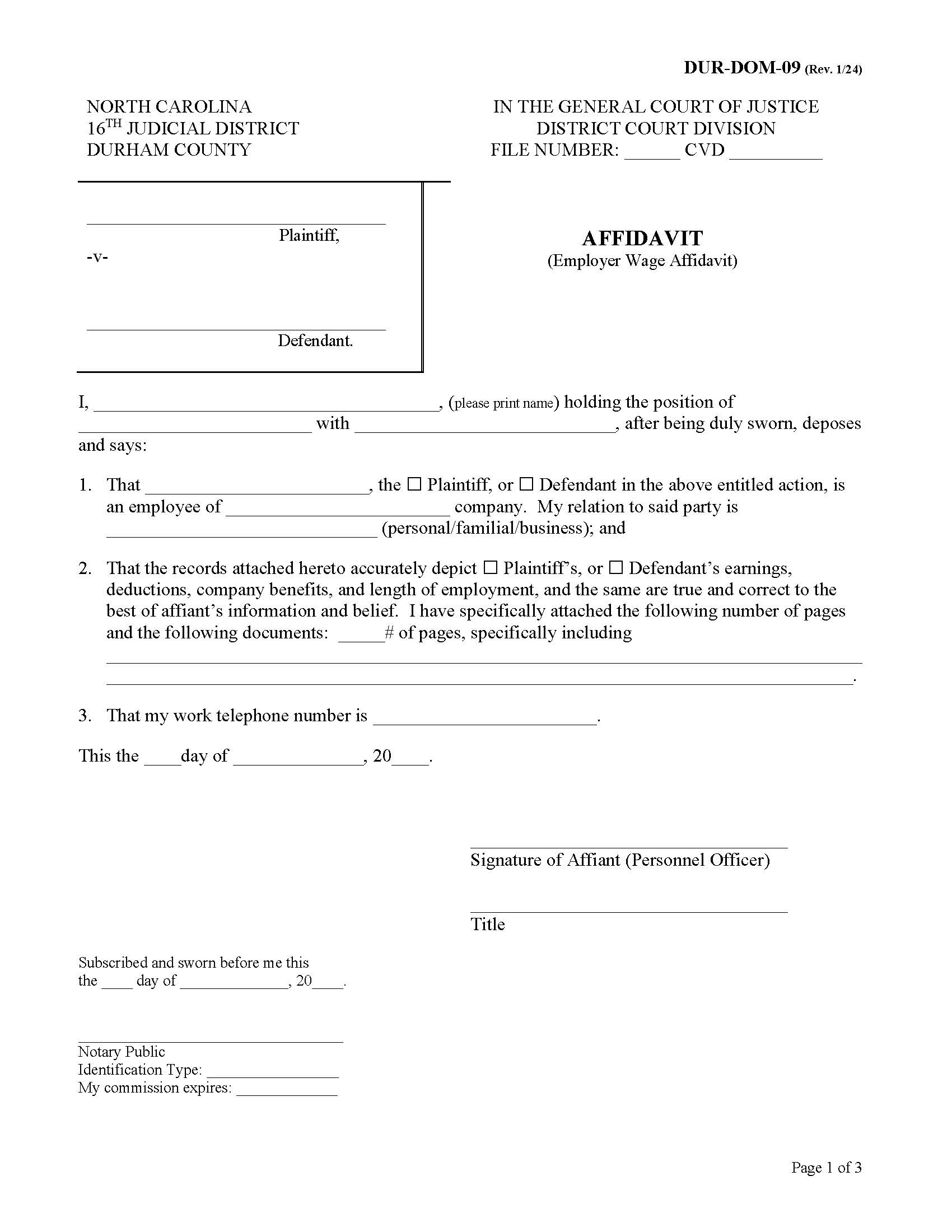 Affidavit (Employer Wage Affidavit) {DUR-DOM-09} | Pdf Fpdf Docx | North Carolina