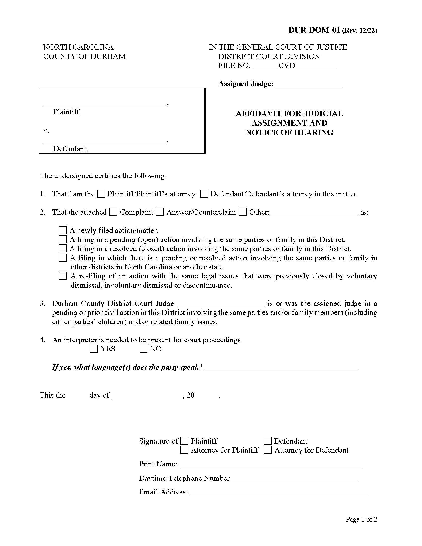 Affidavit For Judicial Assignment And Notice Of Hearing {DUR-DOM-01} | Pdf Fpdf Docx | North Carolina