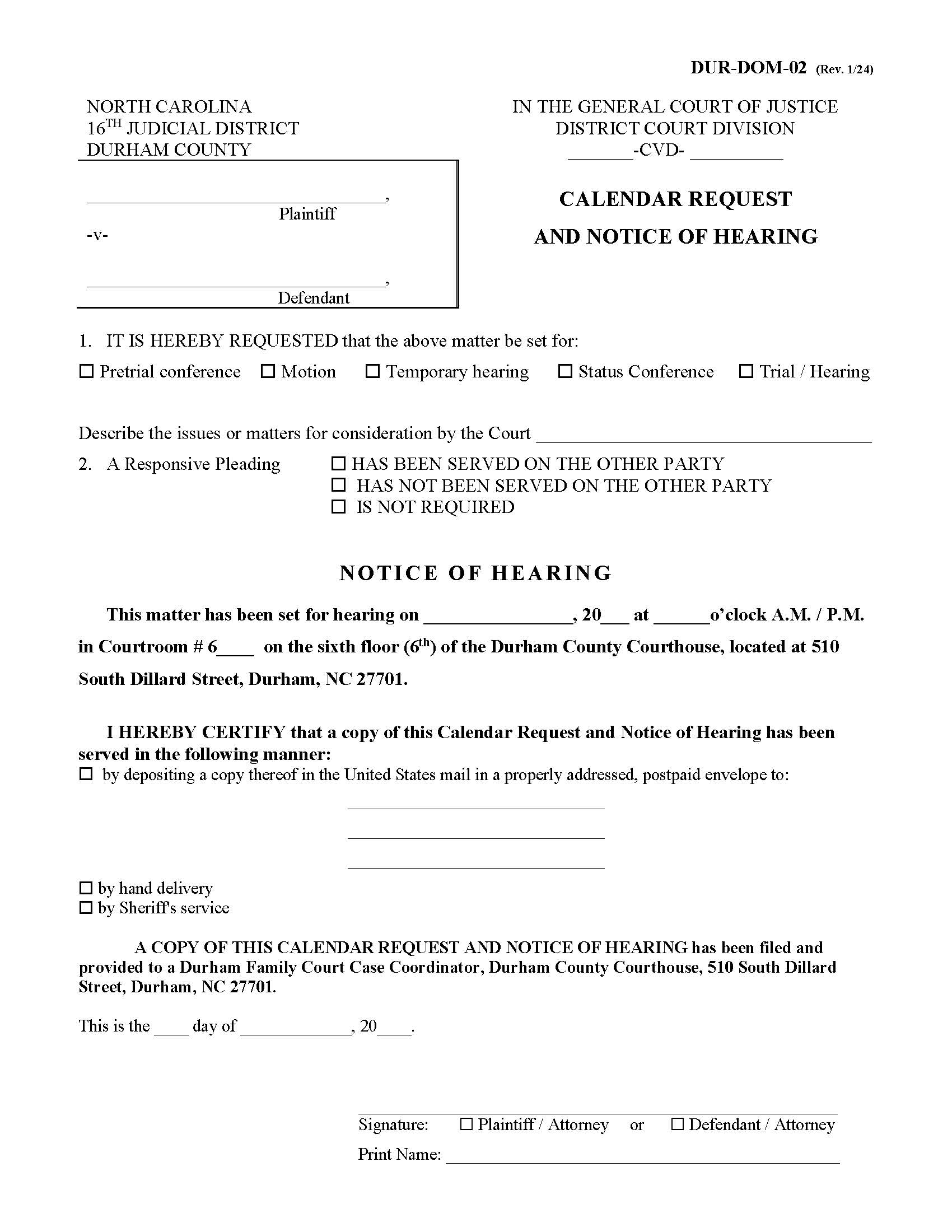 Calendar Request And Notice Of Hearing {DUR-DOM-02} | Pdf Fpdf Docx | North Carolina