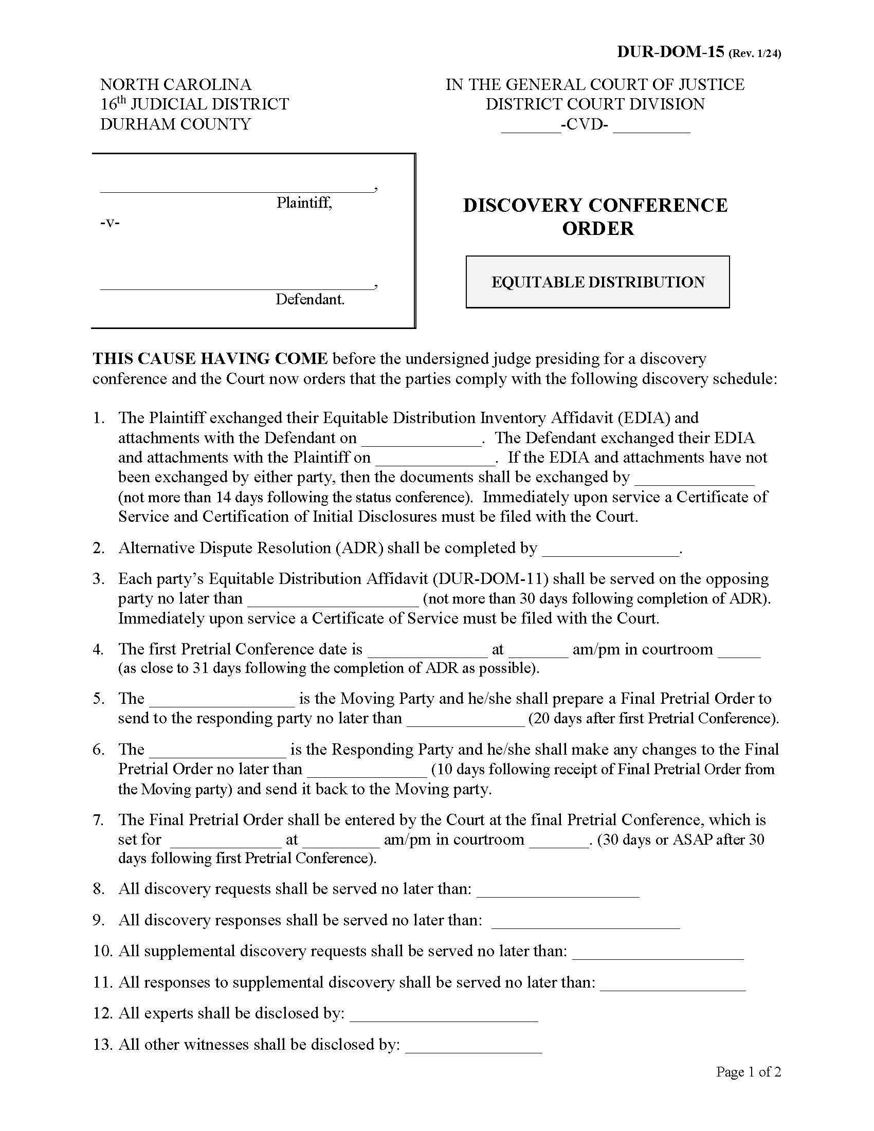Discovery Conference Order Equitable Distribution {DUR-DOM-15} | Pdf Fpdf Docx | North Carolina