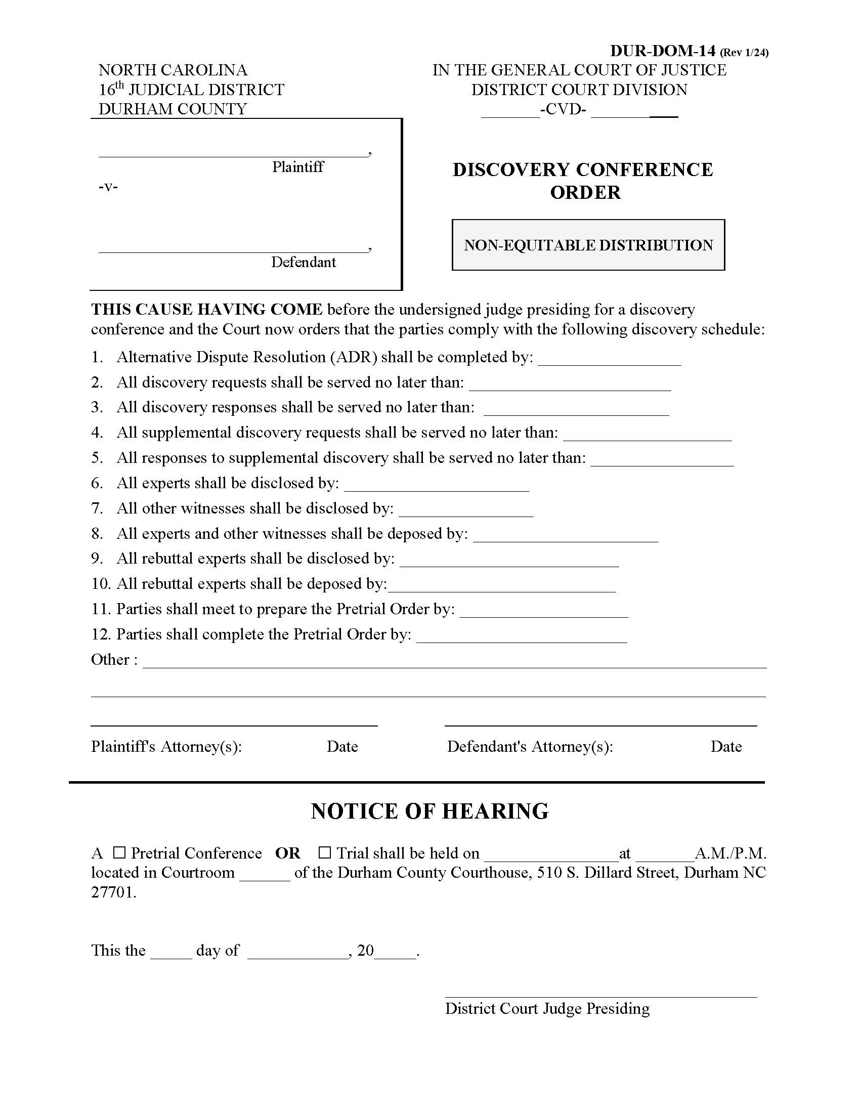 Discovery Conference Order Non Equitable Distribution {DUR-DOM-14} | Pdf Fpdf Docx | North Carolina