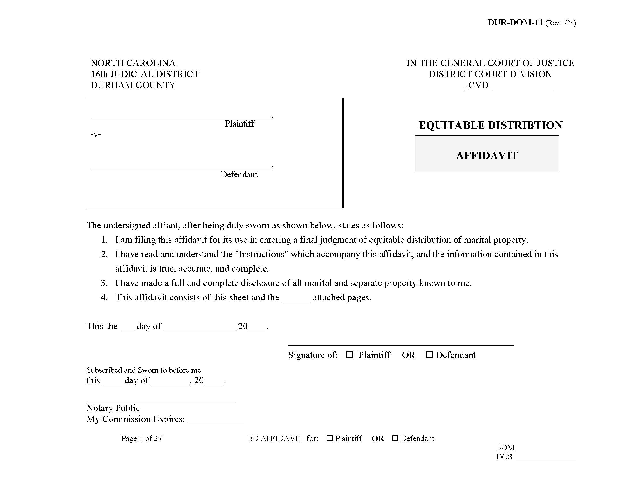 Equitable Distribution Affidavit {DUR-DOM-11} | Pdf Fpdf Doc Docx | North Carolina