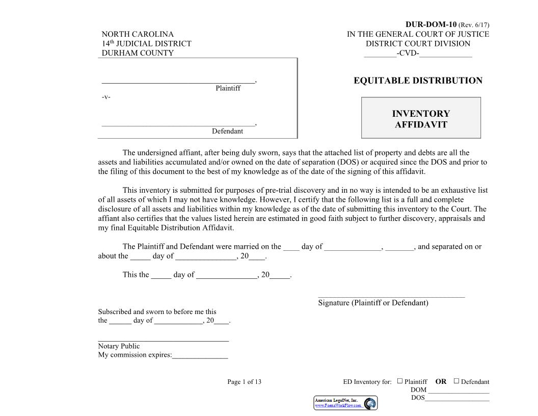 Equitable Distribution Inventory Affidavit {DUR-DOM-10} | Pdf Fpdf Docx | North Carolina