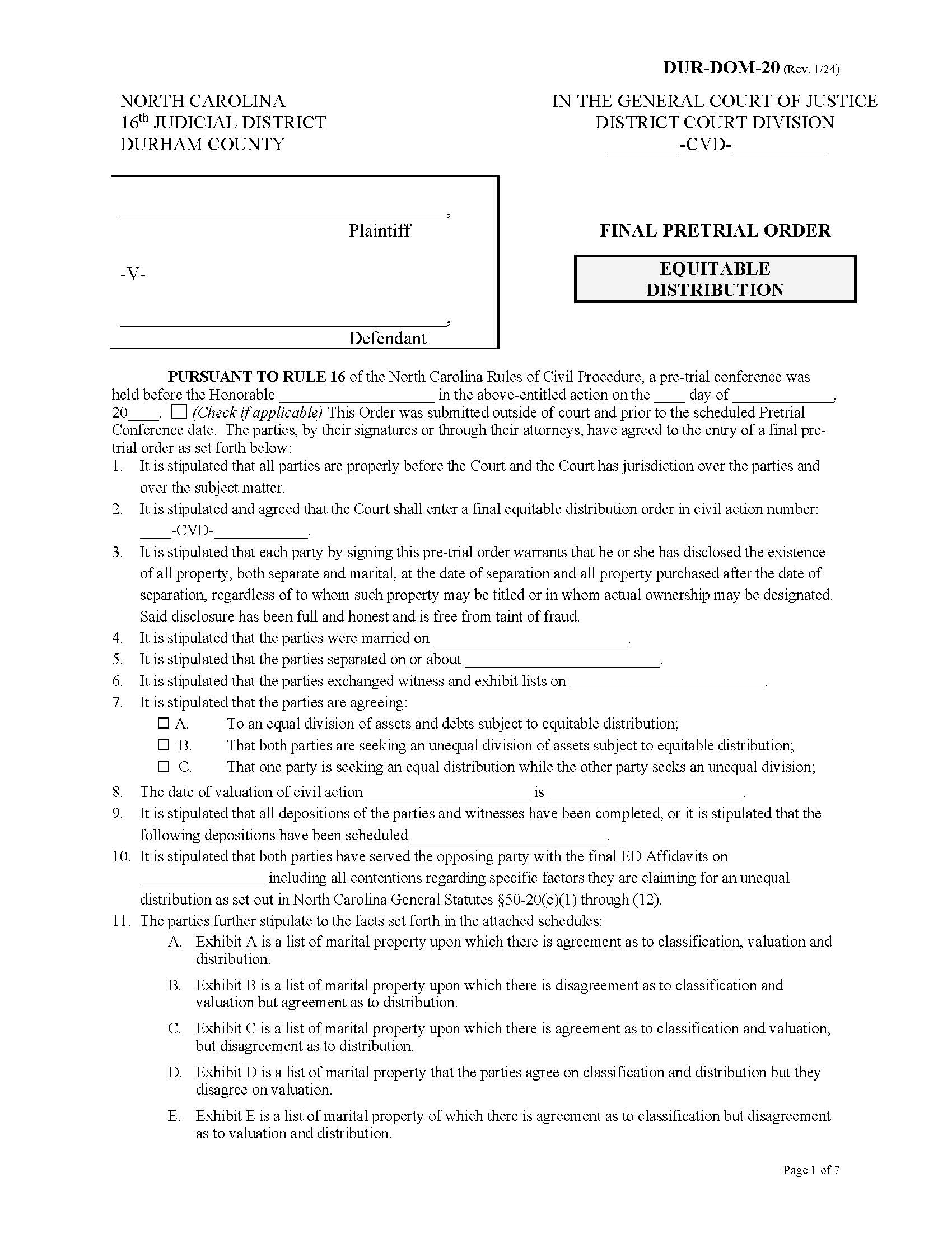 Final Pretrial Order Equitable Distribution {DUR-DOM-20}  | Pdf Fpdf Docx | North Carolina