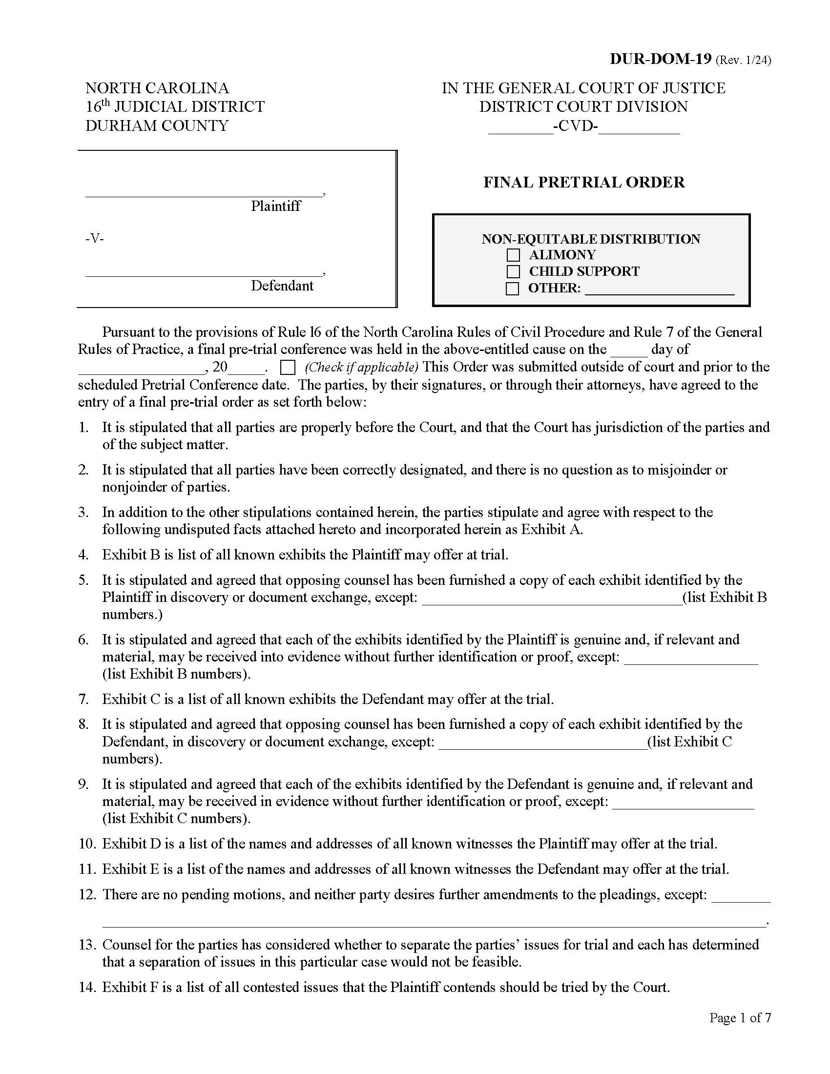 Final Pretrial Order Non Equitable Distribution {DUR-DOM-19} | Pdf Fpdf Docx | North Carolina