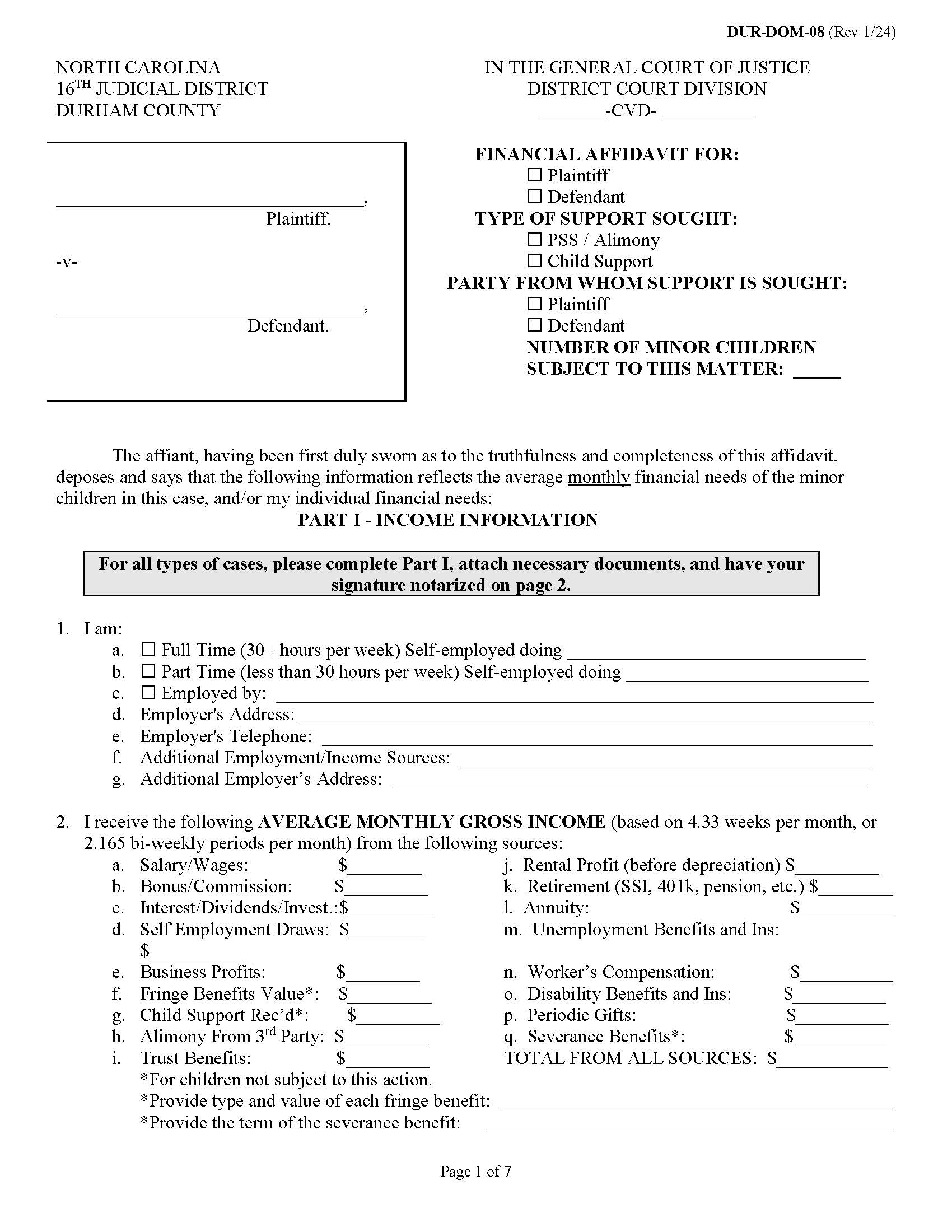 Financial Affidavit {DUR-DOM-08} | Pdf Fpdf Docx | North Carolina