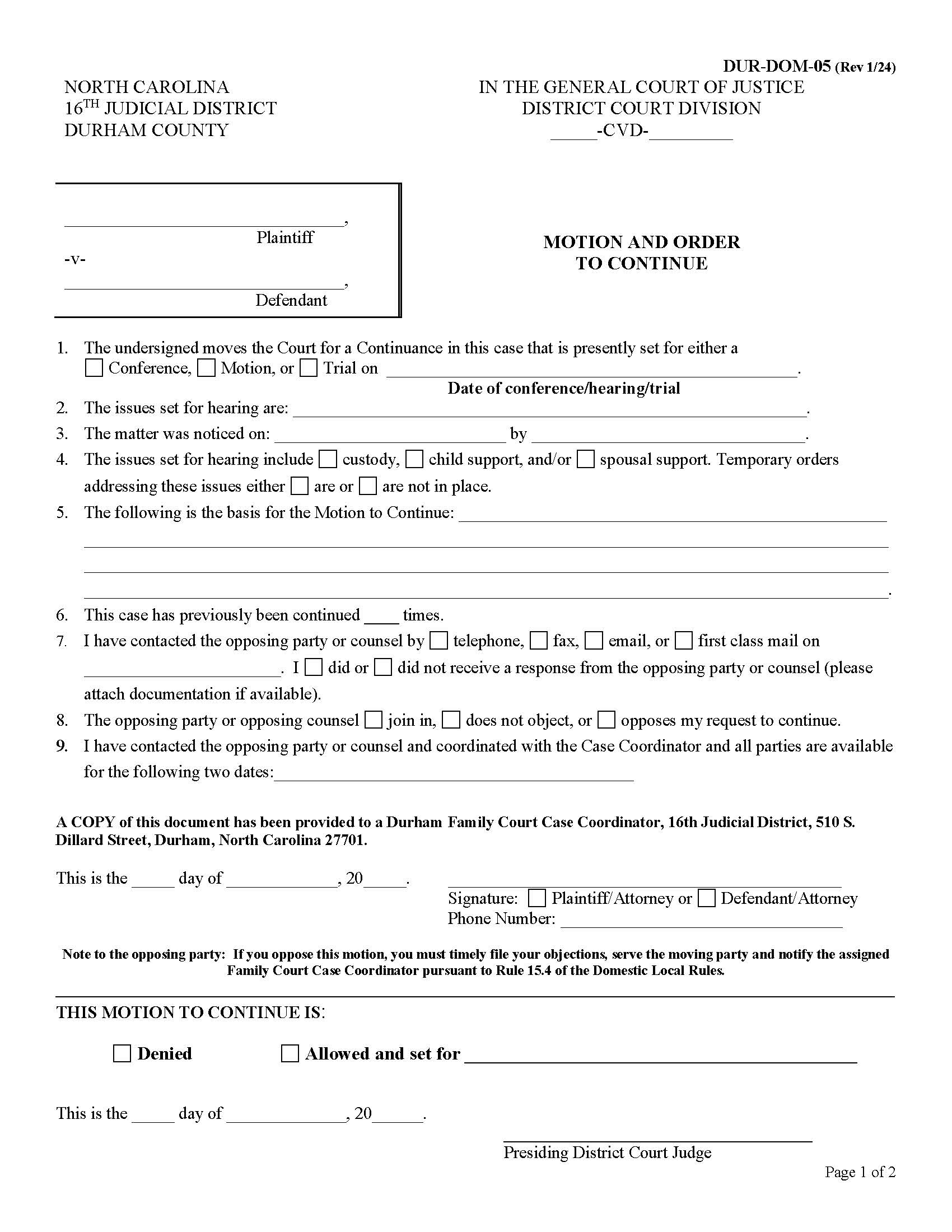 Motion And Order To Continue {DUR-DOM-05} | Pdf Fpdf Docx | North Carolina